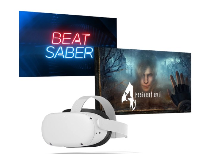 Un paquete con el casco de realidad virtual Meta Quest 2, Beat Saber y Resident Evil 4.