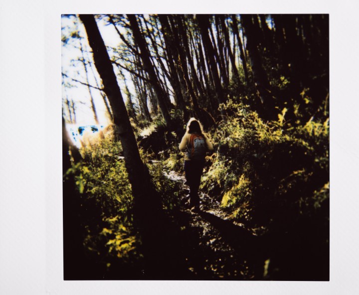 Foto instax di un escursionista su un sentiero nella foresta.
