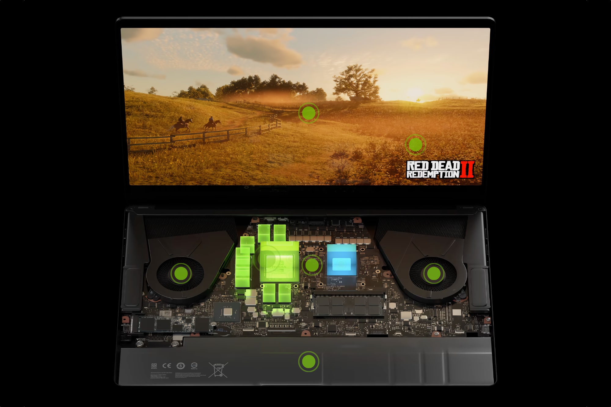 Nvidia-powered laptop showing Nividia components highlighted, running Red Dead Redemption.