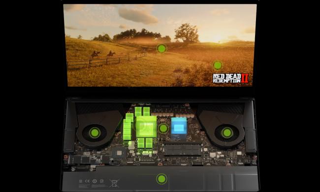 Nvidia-powered laptop showing Nividia components highlighted, running Red Dead Redemption.