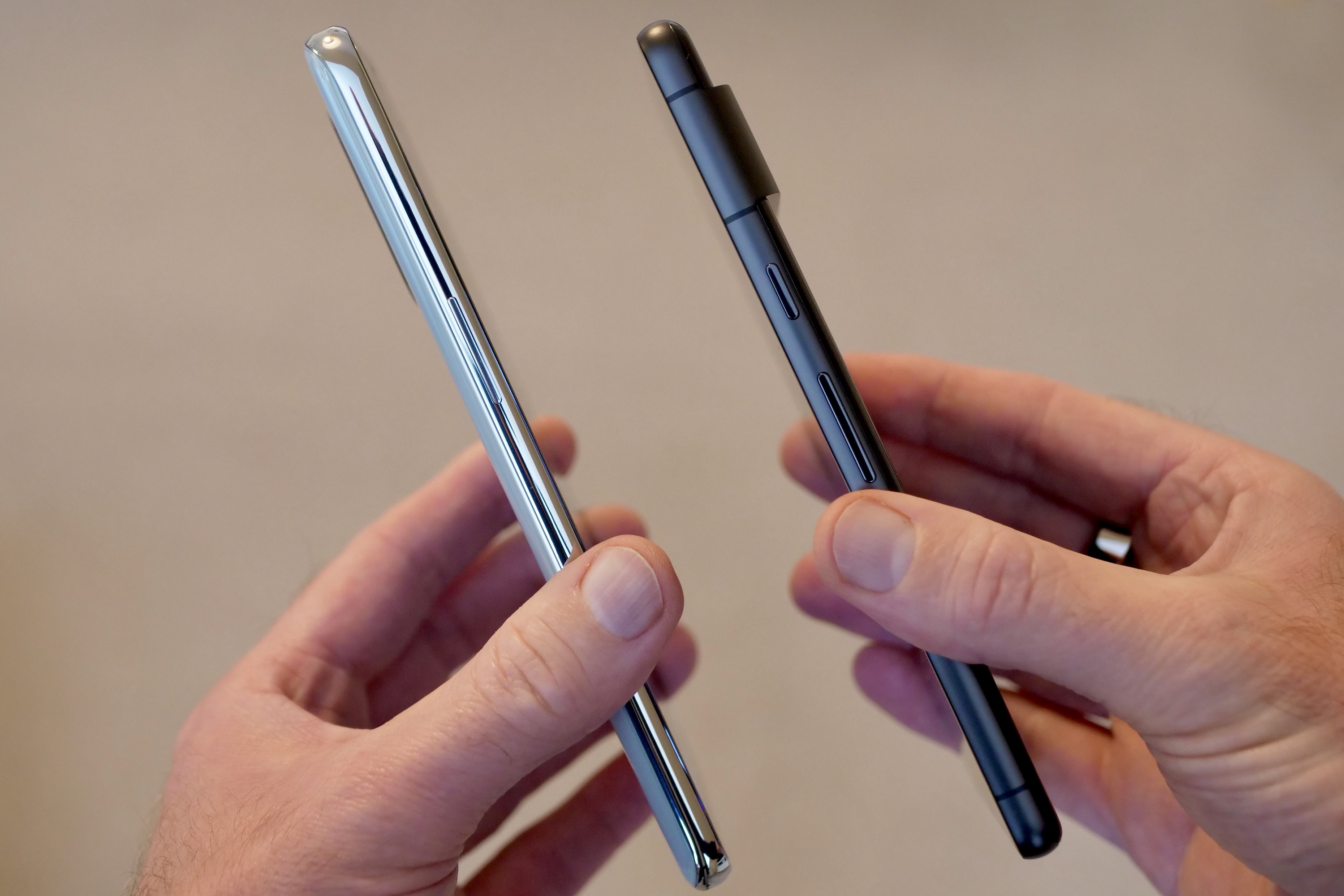 The OnePlus 10T and Google Pixel 7 seen from the side.