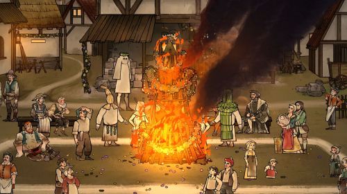 A bonfire rages on during a Tassing celebration in Pentiment.