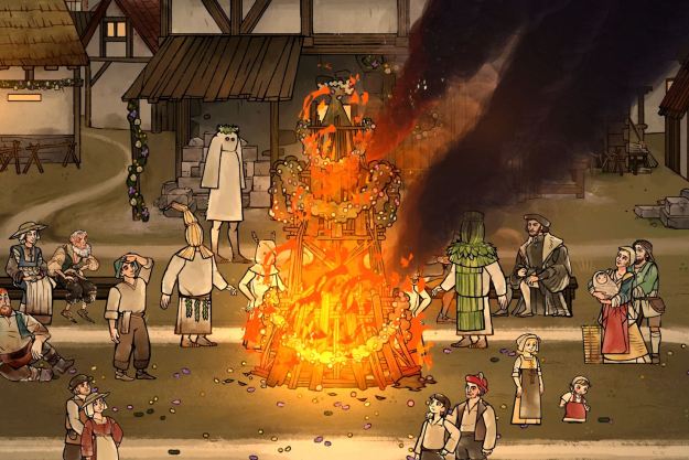 A bonfire rages on during a Tassing celebration in Pentiment.