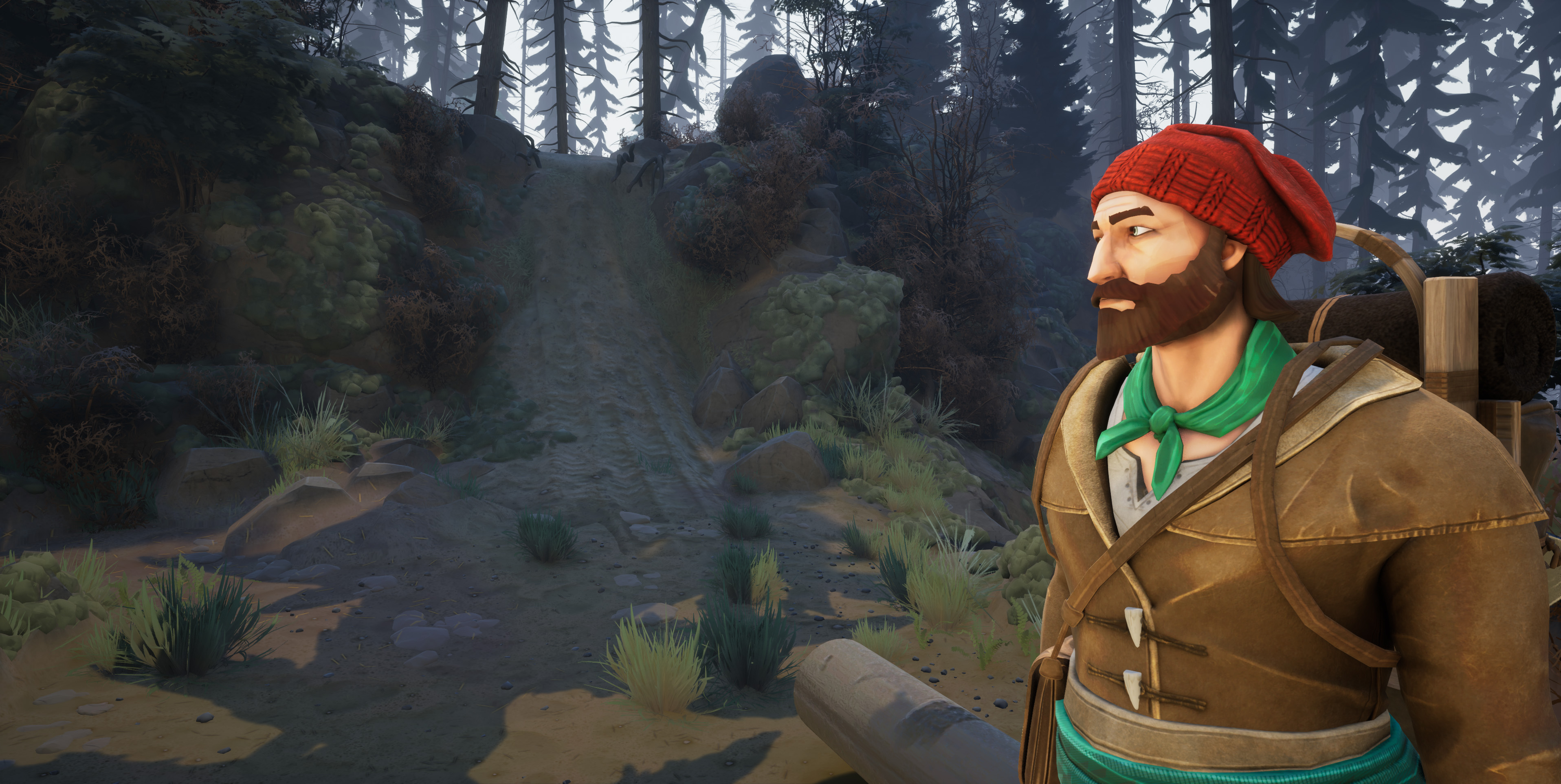 Um caçador fica na frente do jogador, enquanto eles conversam em Two Falls.