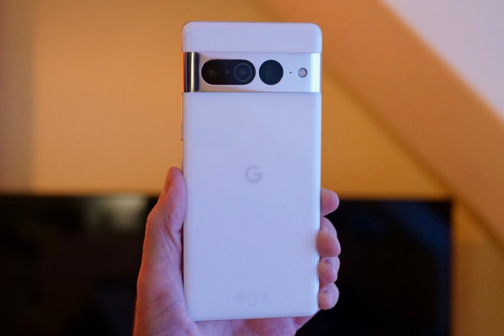The back of the Pixel 7 Pro held in a person's hand.