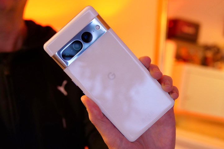 The back of the Pixel 7 Pro held in a person's hand.