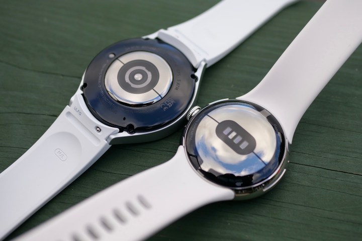 The back of the Galaxy Watch 5 and Pixel Watch.