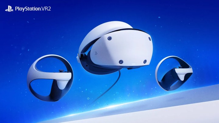 नीली पृष्ठभूमि पर PlayStation VR2 हेडसेट।