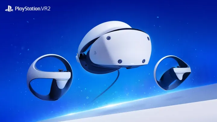 Auriculares PlayStation VR2 sobre fondo azul.