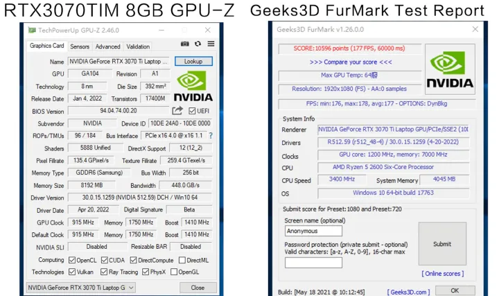 Especificaciones de la RTX 3070 TiM.