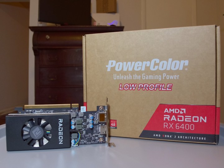 The Powercolor Radeon RX 6400 and its packaging.