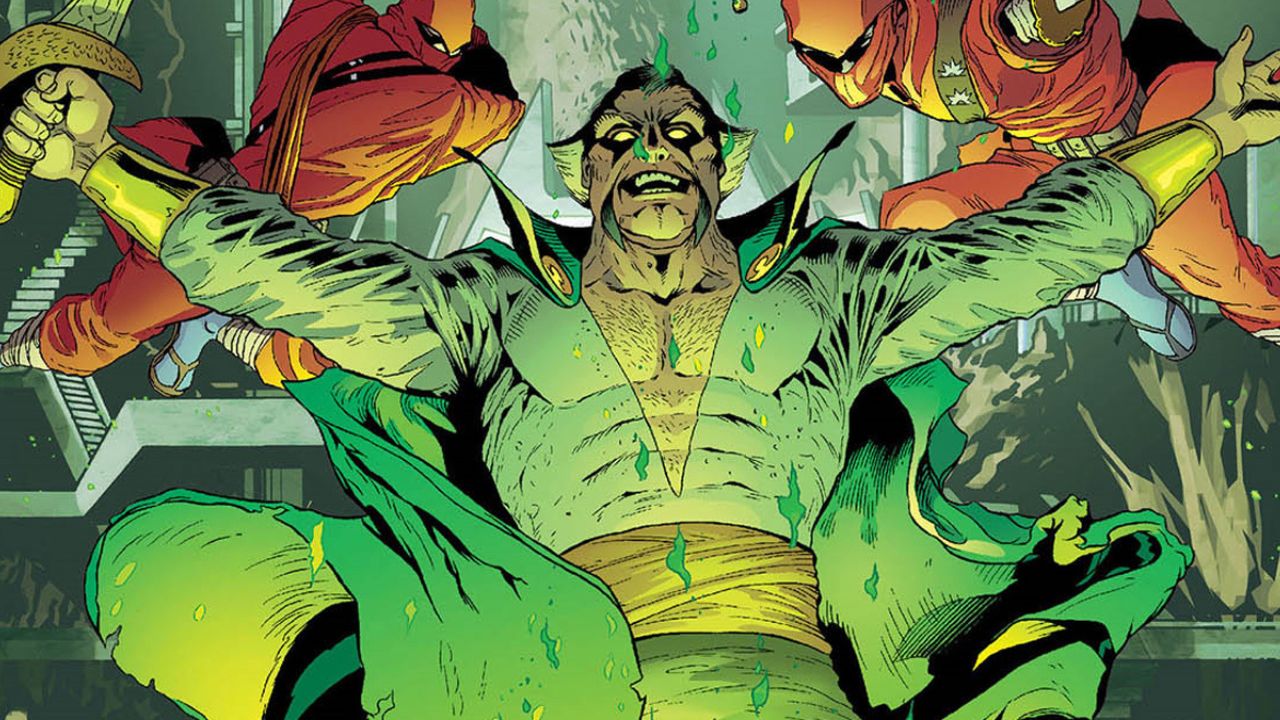 Ra's Al Ghul دستانش را باز می کند در حالی که دو نینجا در DC Comics پشت سر او می پرند.
