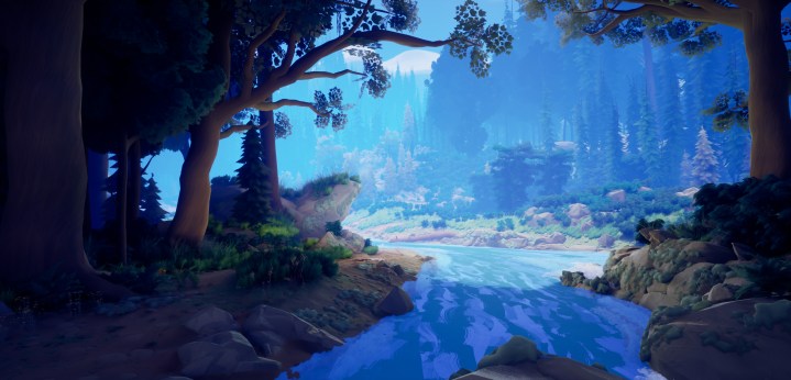 A bright blue river flows through a lush evergreen forest in Two Falls.