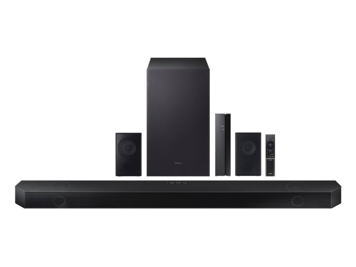 The Samsung HW-Q750B soundbar with rear speakers against a white background.