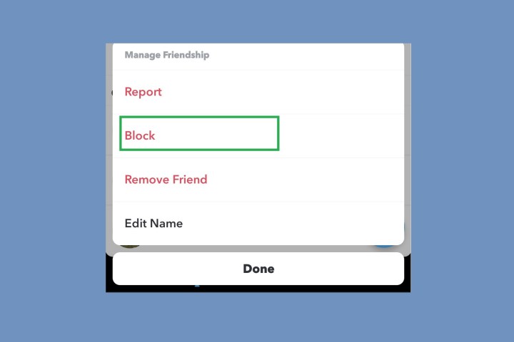 Selecting the Block on Snapchat menu option.