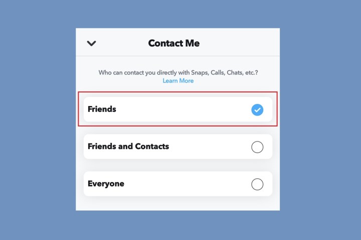 La pantalla de opciones de contacto de Snapchat.