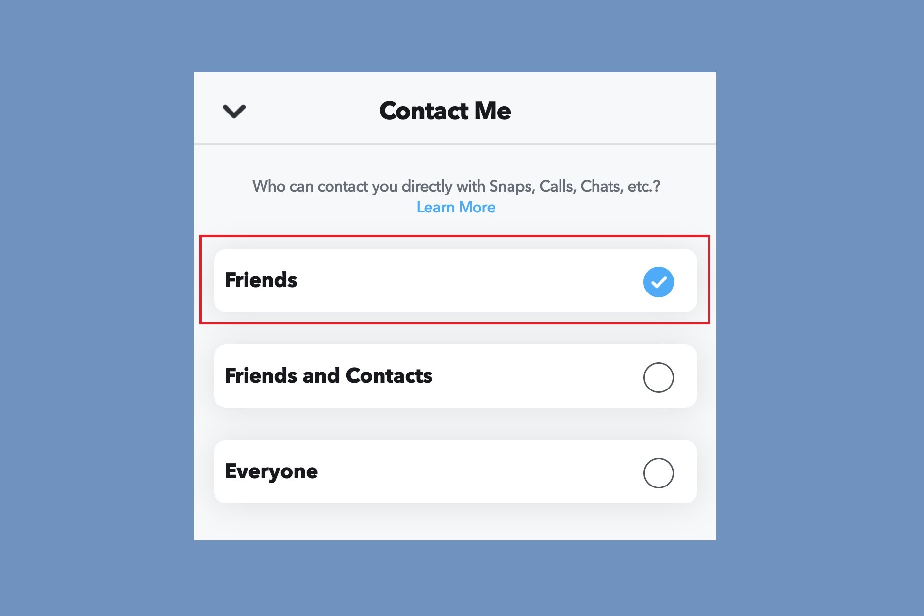 A tela de opções de contato do Snapchat.