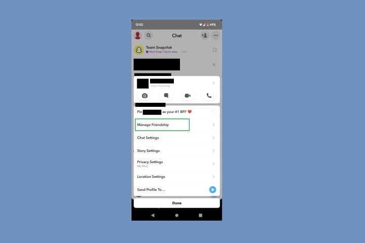 Manage Snapchat Friendship menu option.