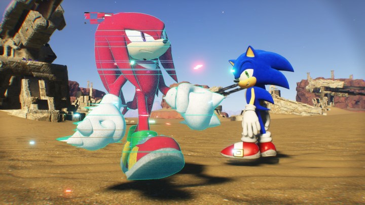 Sonic and Knuckles (Cyber Space form) on Ares Island in Sonic Frontiers.