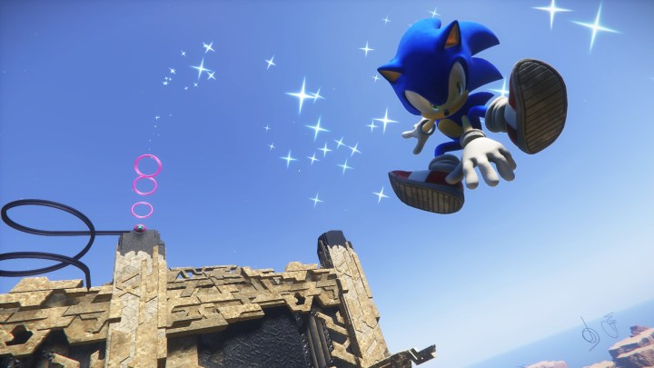 Sonic performing an air trick in Sonic Frontiers.