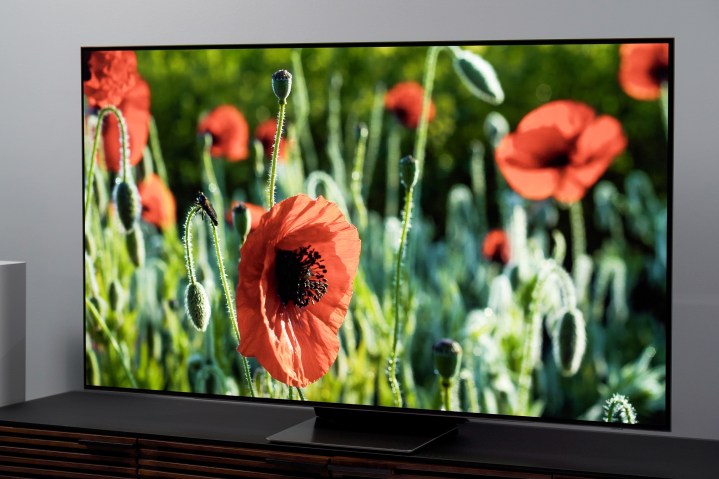 The Samsung S95B OLED TV on pedestal stand with an image of colorful flowers on screen