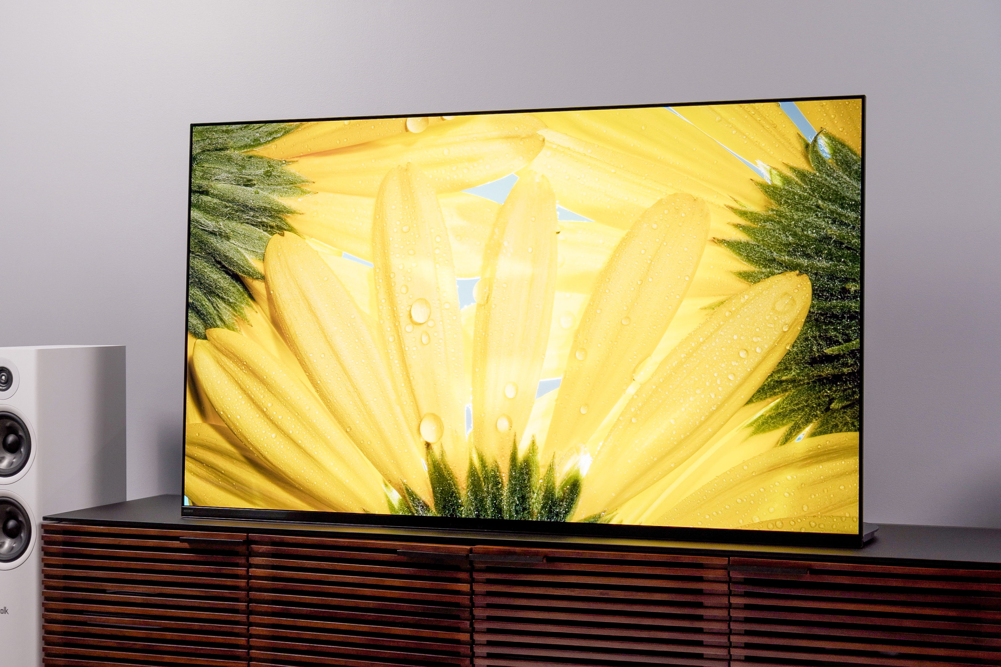 Sony A95K QD-OLED TV sits flush on wood media stand with colorful yellow flowers on screen