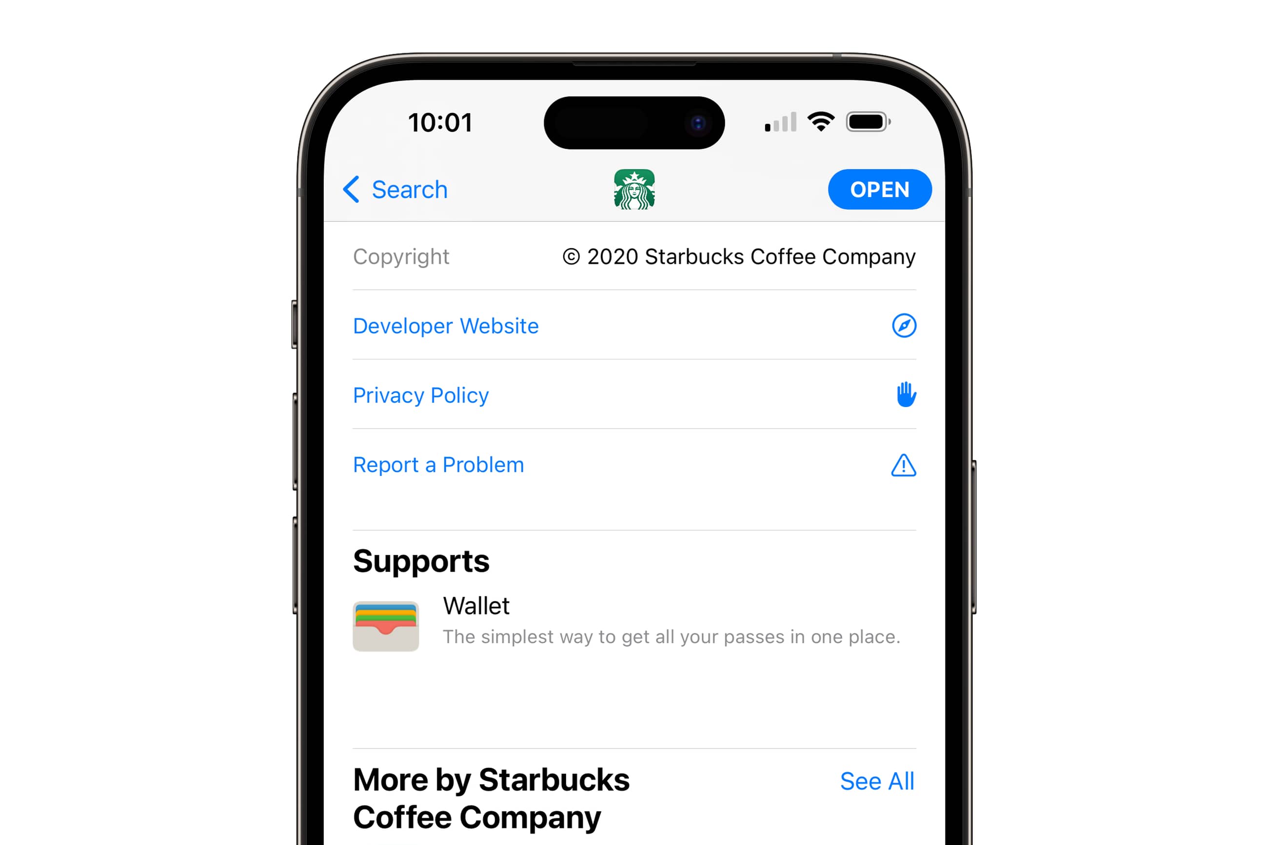 iPhone que muestra la página de App Store para la compatibilidad con Apple Wallet.