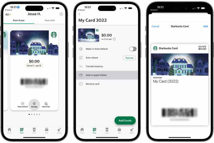 Three iPhones showing steps to add Starbucks card to Apple Wallet.