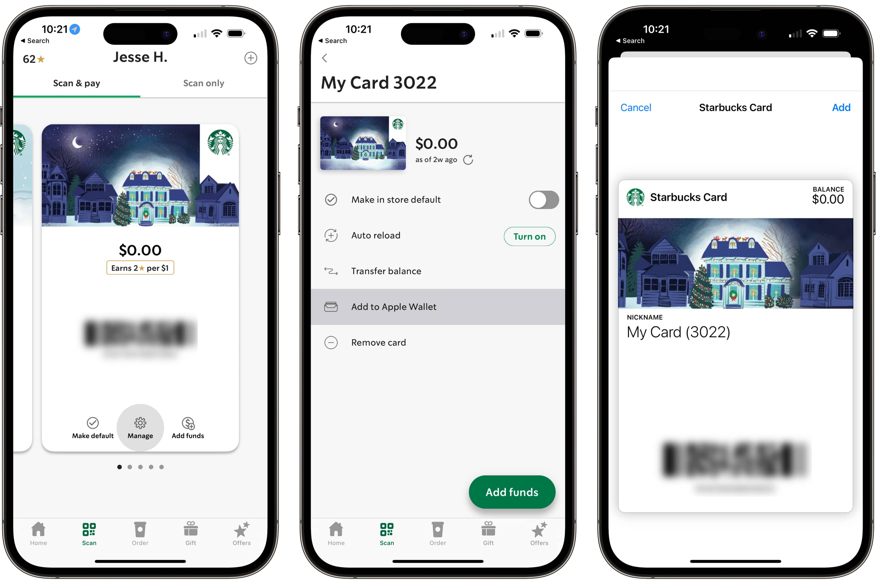 Tres iPhones que muestran los pasos para agregar la tarjeta Starbucks a Apple Wallet.