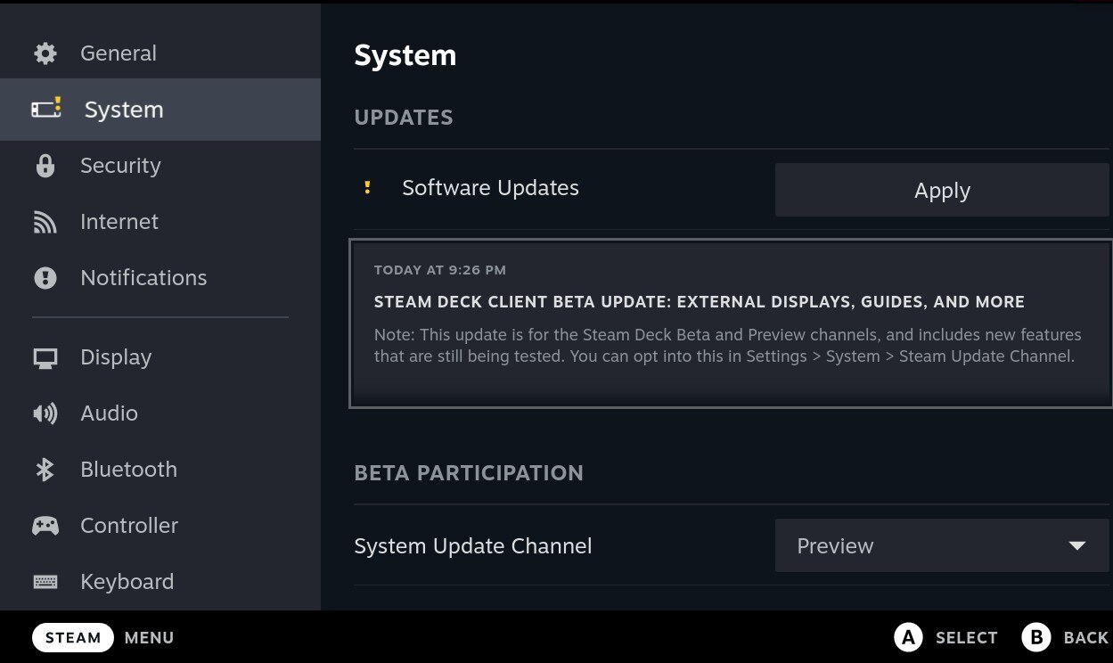 Steam Deck Beta Participation option.