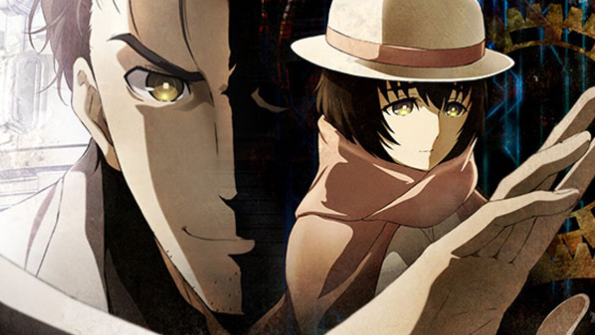 Arte chave de Steins;Gate 0 com Okabe aparecendo em segundo plano e Mayuri em primeiro plano.
