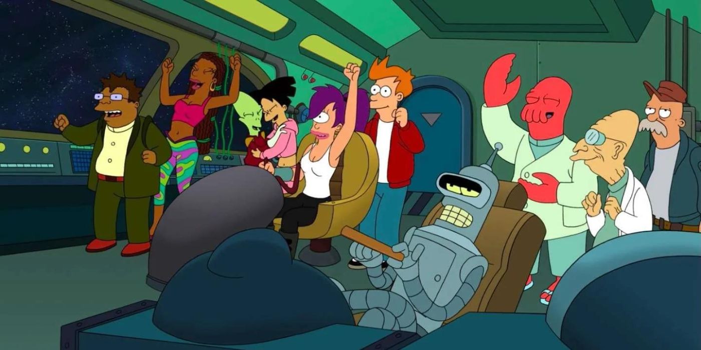 A tripulação do Planet Express salva o dia em "Futurama".