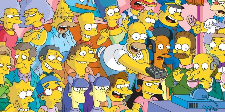 The cast of The Simpsons watches a TV.