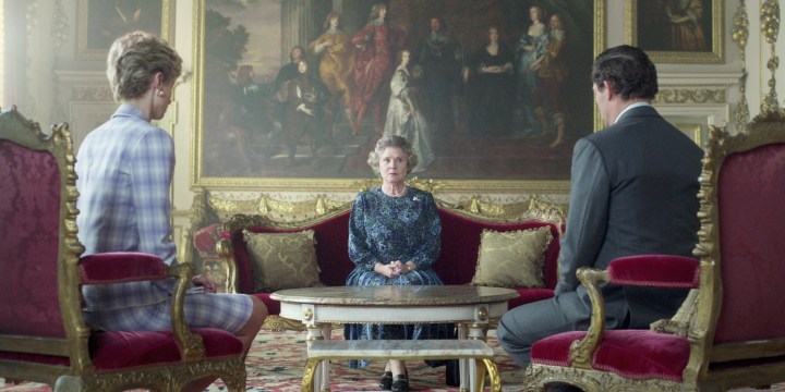 The Queen looks at Charles and Diana in The Crown.