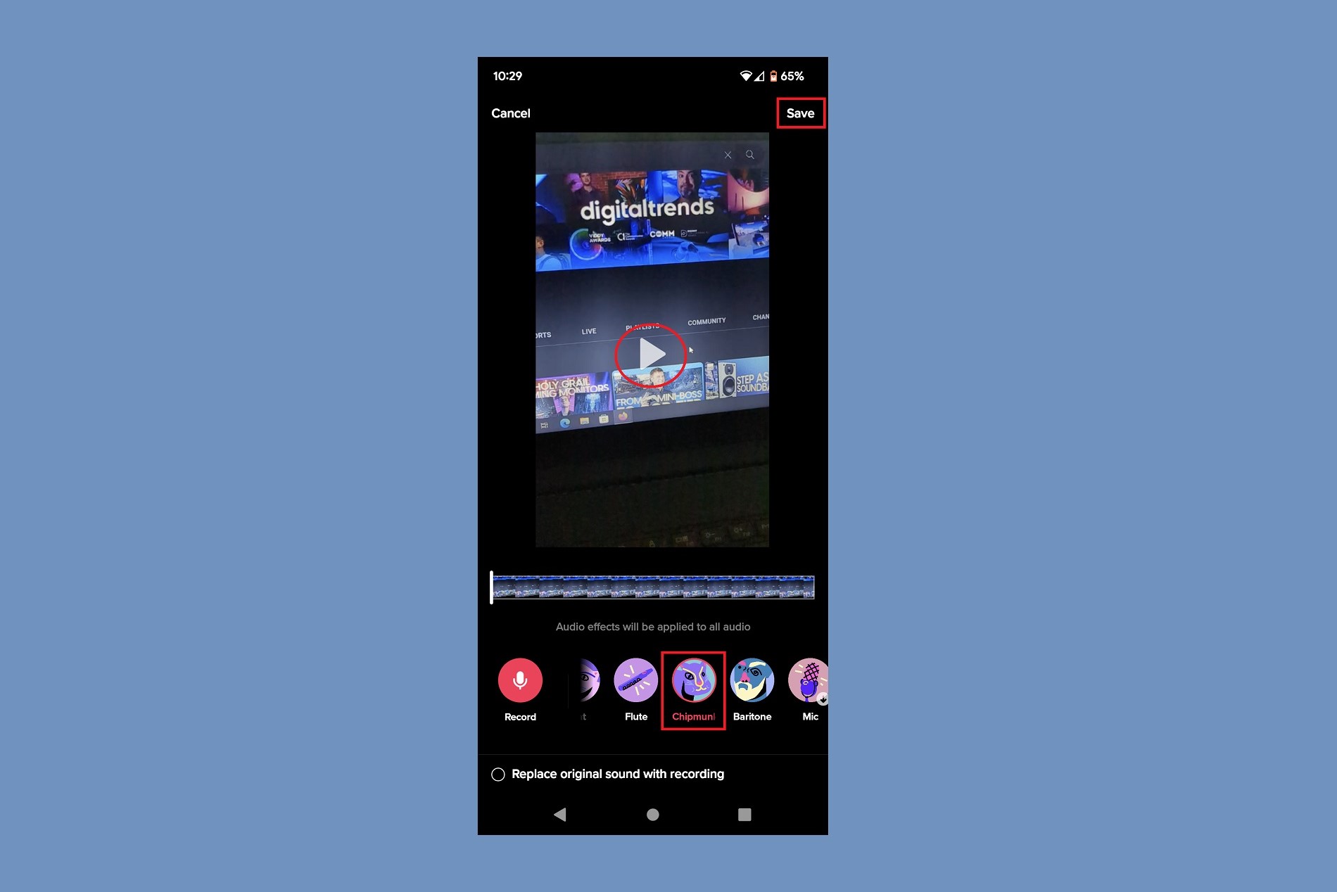 Agregar un efecto de voz a un video TikTok en Android.