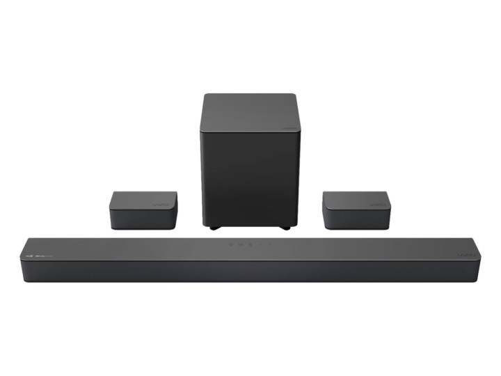 La barra de sonido Vizio serie M de 5.1 canales con subwoofer inalámbrico incluido sobre un fondo blanco.