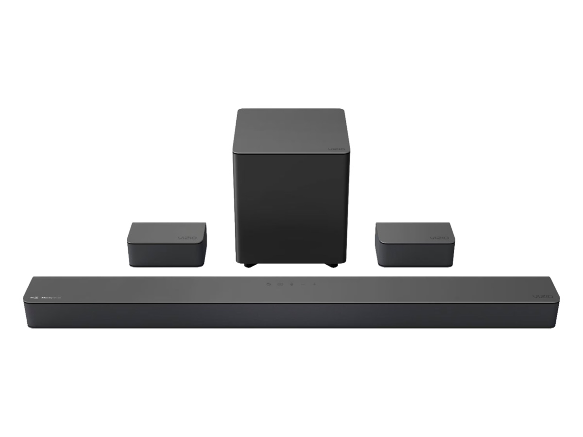 A barra de som M-Series Vizio de 5.1 canais com subwoofer sem fio incluído contra um fundo branco.