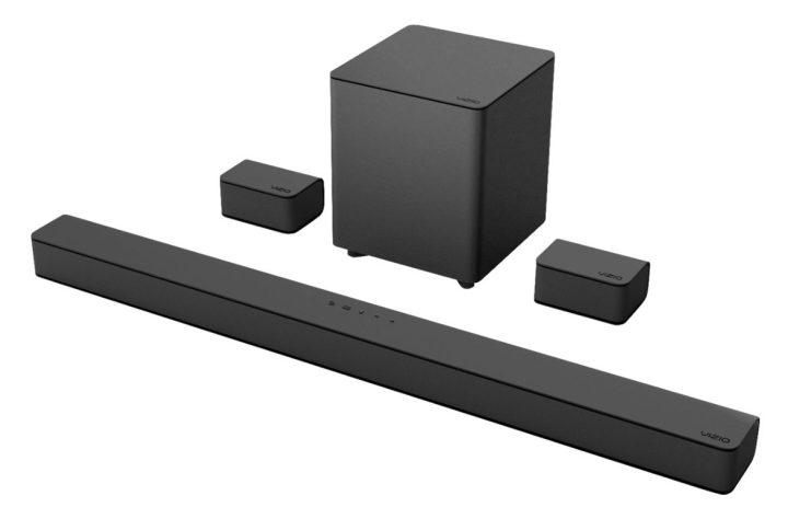 The Vizio 5.1-channel V-Series soundbar and included subwoofer and speakers against a white background.
