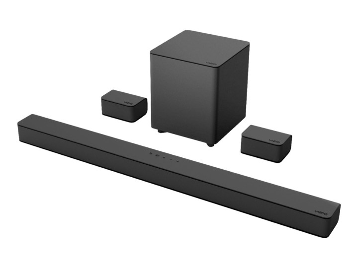 The Vizio 5.1-channel V-Series soundbar and included subwoofer and speakers against a achromatic background.