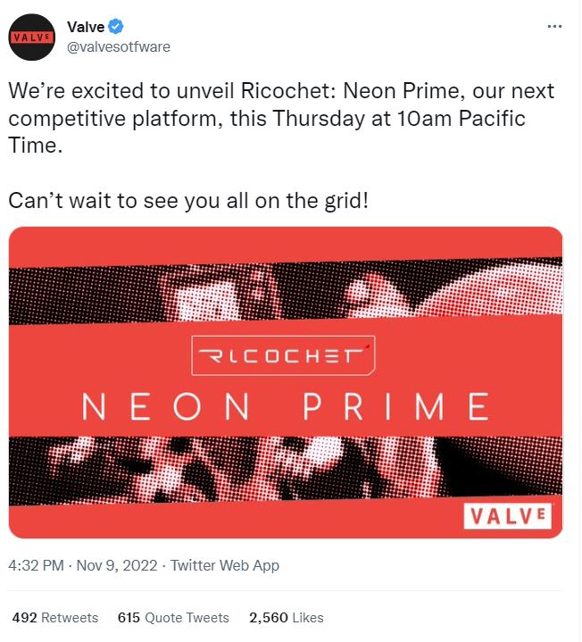 Uma conta falsa da Valve Software twitta sobre um novo jogo chamado Ricochet: Neon Prime.