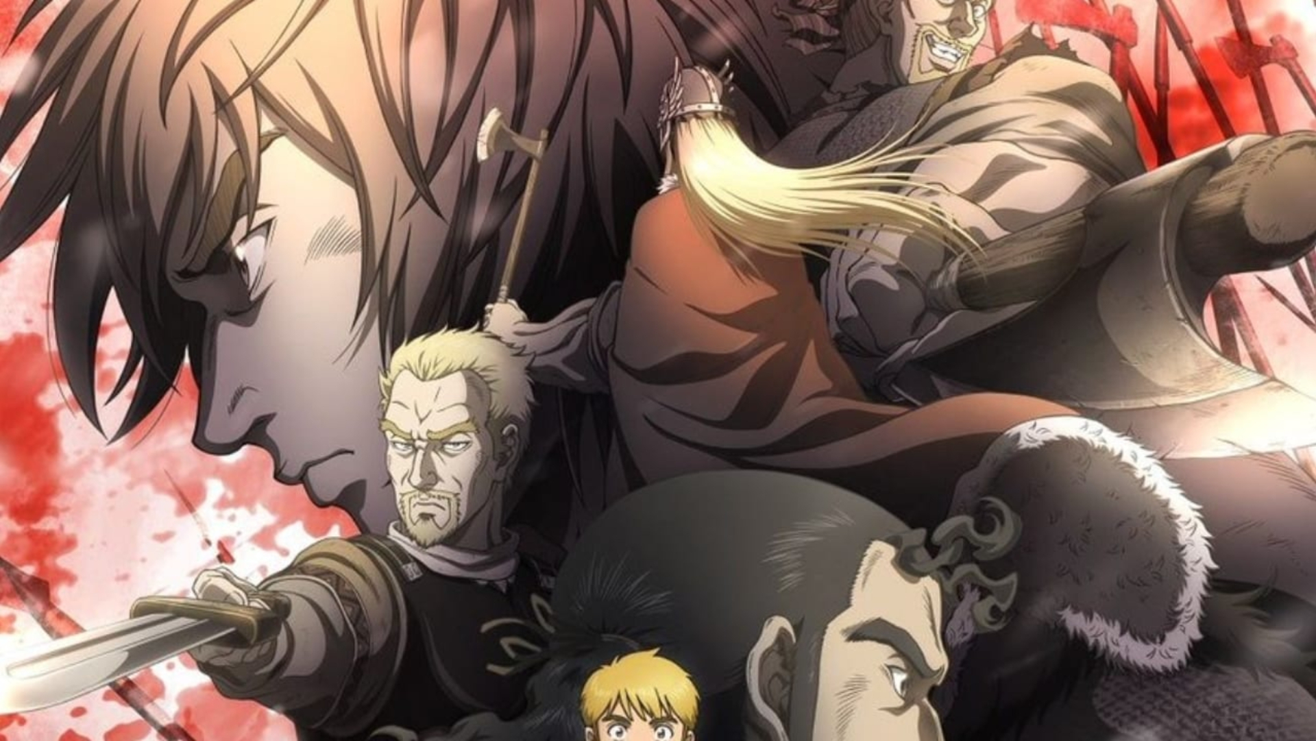 Uma colagem do elenco principal de Vinland Saga na arte principal do anime.