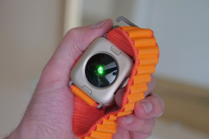 The back of the Apple Watch SE 2 in its protective case.