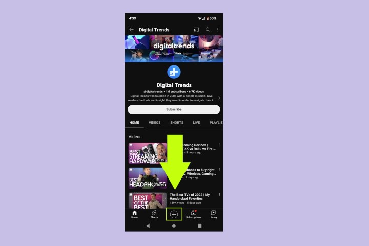 Auswählen des Pluszeichen-Symbols in der mobilen YouTube-App.