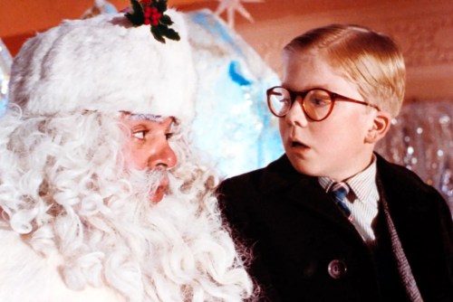 A boy talks to Santa in A Christmas Story.