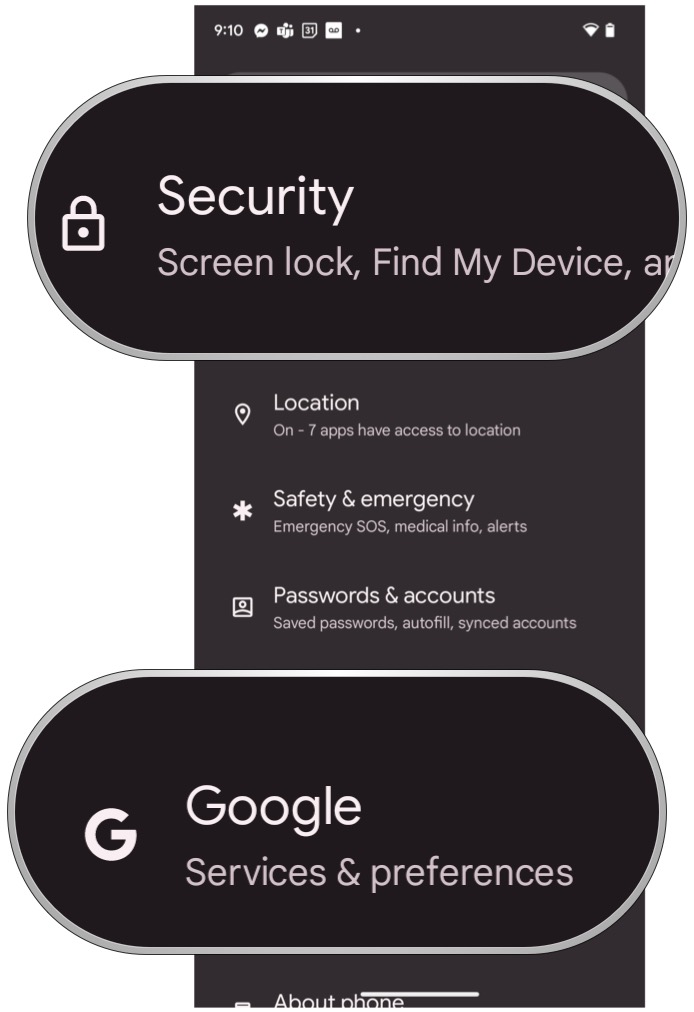 Nas configurações do Android 13, selecione Segurança ou Google