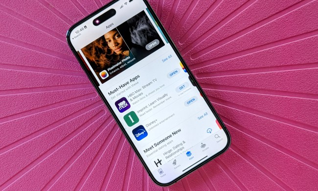 App Store displayed on an iPhone 14 Pro against a pink background