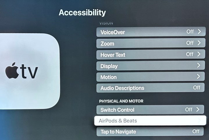 Pantalla de accesibilidad de Apple TV.