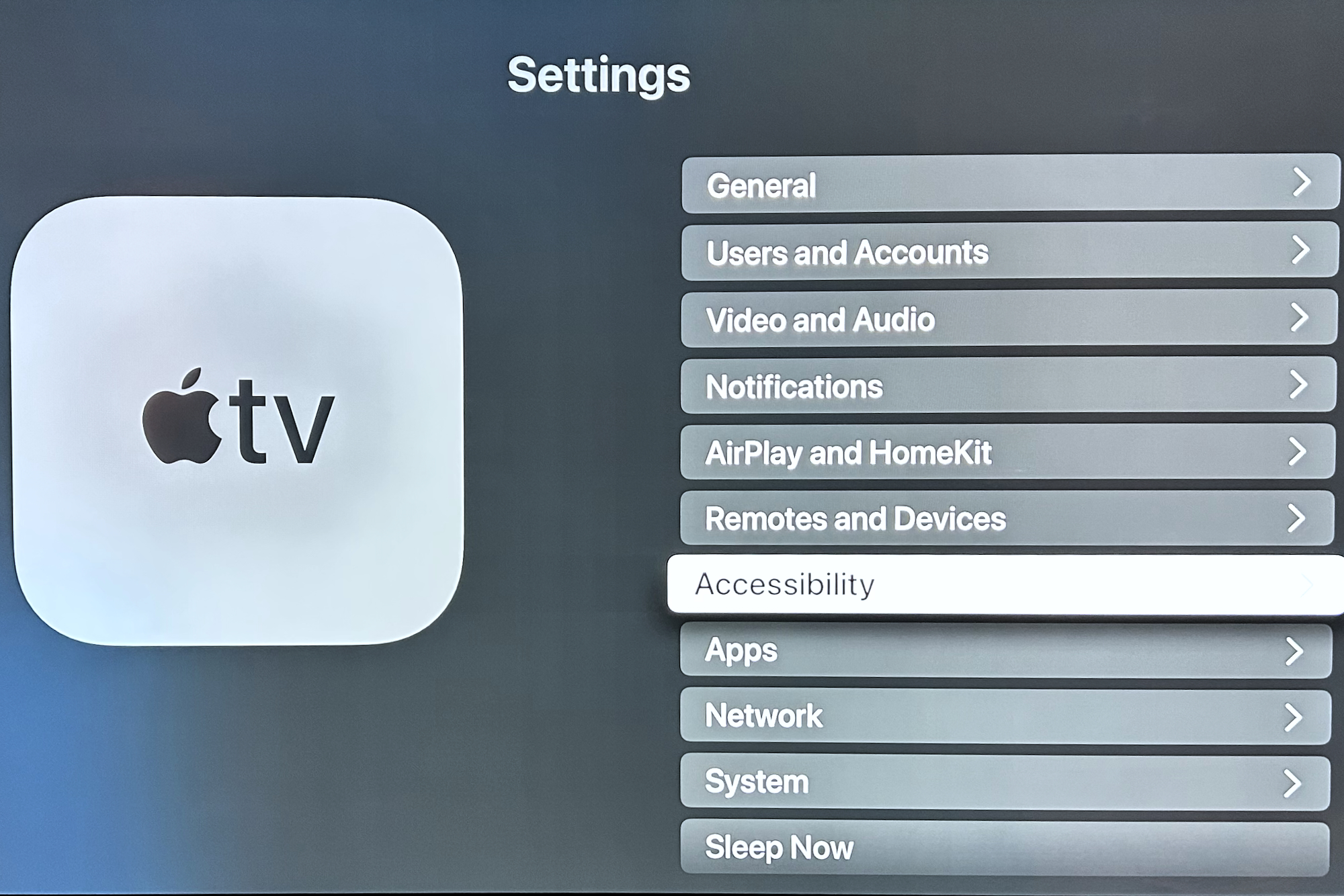 Pantalla de ajustes de Apple TV.