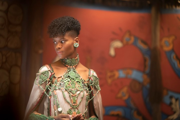 Letitia Wright stares off-camera in a scene from Black Panther: Wakanda Forever.