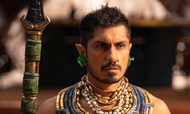 Tenoch Huerta Mejía holds a spear as Namor in Black Panther: Wakanda Forever.